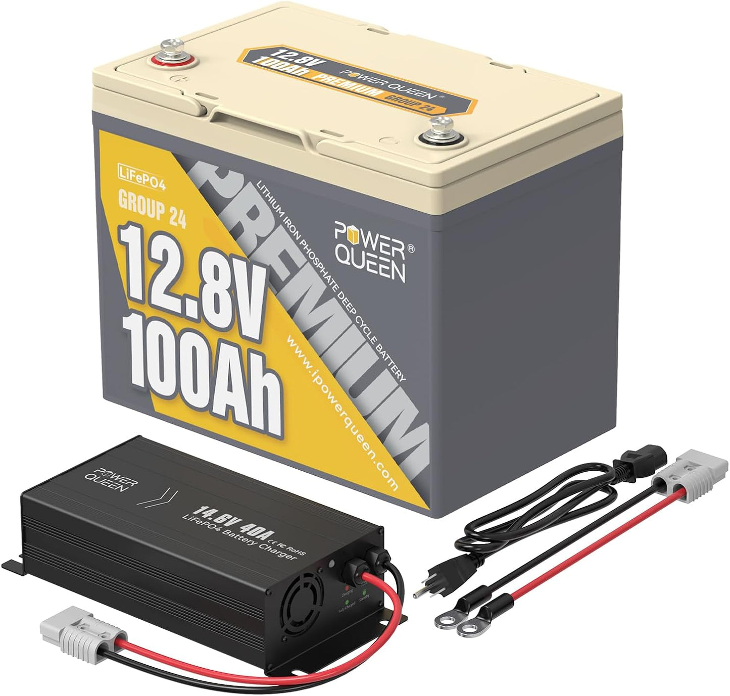 Power Queen Bluetooth 12V 100Ah LiFePO4 Battery with 14.6V40A LiFePO4 Battery Charger, Group 24 Deep Cycle Battery, 100A BMS with Low-Temp Cut-Off Protection for RV, Trolling Motors, Solar System
