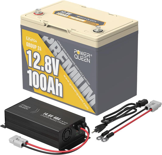 Power Queen Bluetooth 12V 100Ah LiFePO4 Battery with 14.6V40A LiFePO4 Battery Charger, Group 24 Deep Cycle Battery, 100A BMS with Low-Temp Cut-Off Protection for RV, Trolling Motors, Solar System