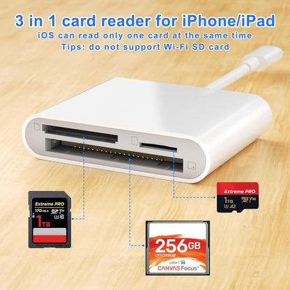 CF SD Card Reader for iPhone iPad, 3 in 1 Compact Flash Memory Card Reader Adapter, 3-Slot MicroSD CF SD Trail Game Digital Camera Viewer for iPhone 14/14 Pro/13/13 Pro No App Required