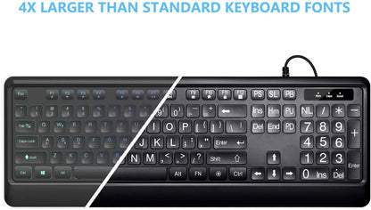 Large Print Backlit Keyboard, USB Wired Computer Keyboard, Full Size Keyboard with White Illuminated LED Compatible for Windows Desktop, Laptop, PC, Gaming, Black
