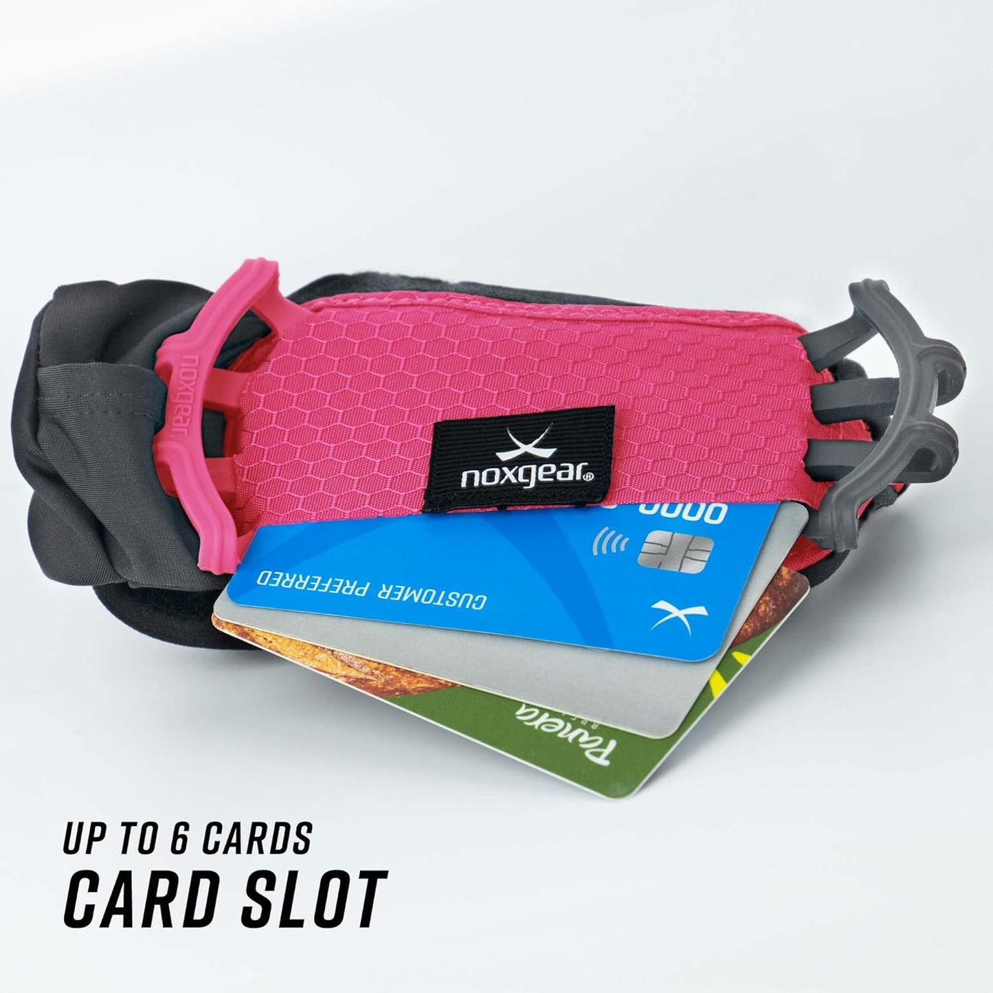 Noxgear Hand Held Phone Holder - Handheld Grip Phone Holder with Key Fob & Card Slot for Running, Jogging & Working Out - Compatible with All Phones - Machine Washable (Raspberry, Right Hand)