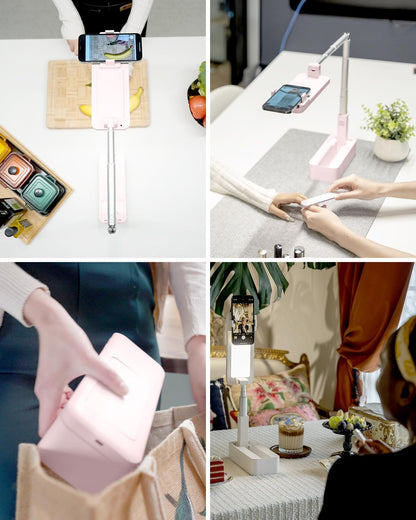 Phone Stand for Recording, Overhead Phone Mount with Light, Selfie Stand,Portable,Extendable,360° Rotate,Adjustable,Wireless Remote,Rechargeable, for 3.5-6.9" Phones, Live Streaming