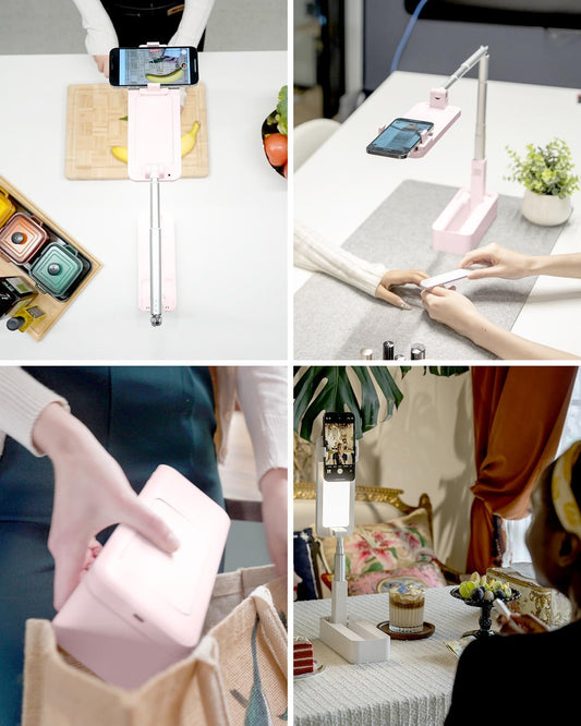 Phone Stand for Recording, Overhead Phone Mount with Light, Selfie Stand,Portable,Extendable,360° Rotate,Adjustable,Wireless Remote,Rechargeable, for 3.5-6.9" Phones, Live Streaming