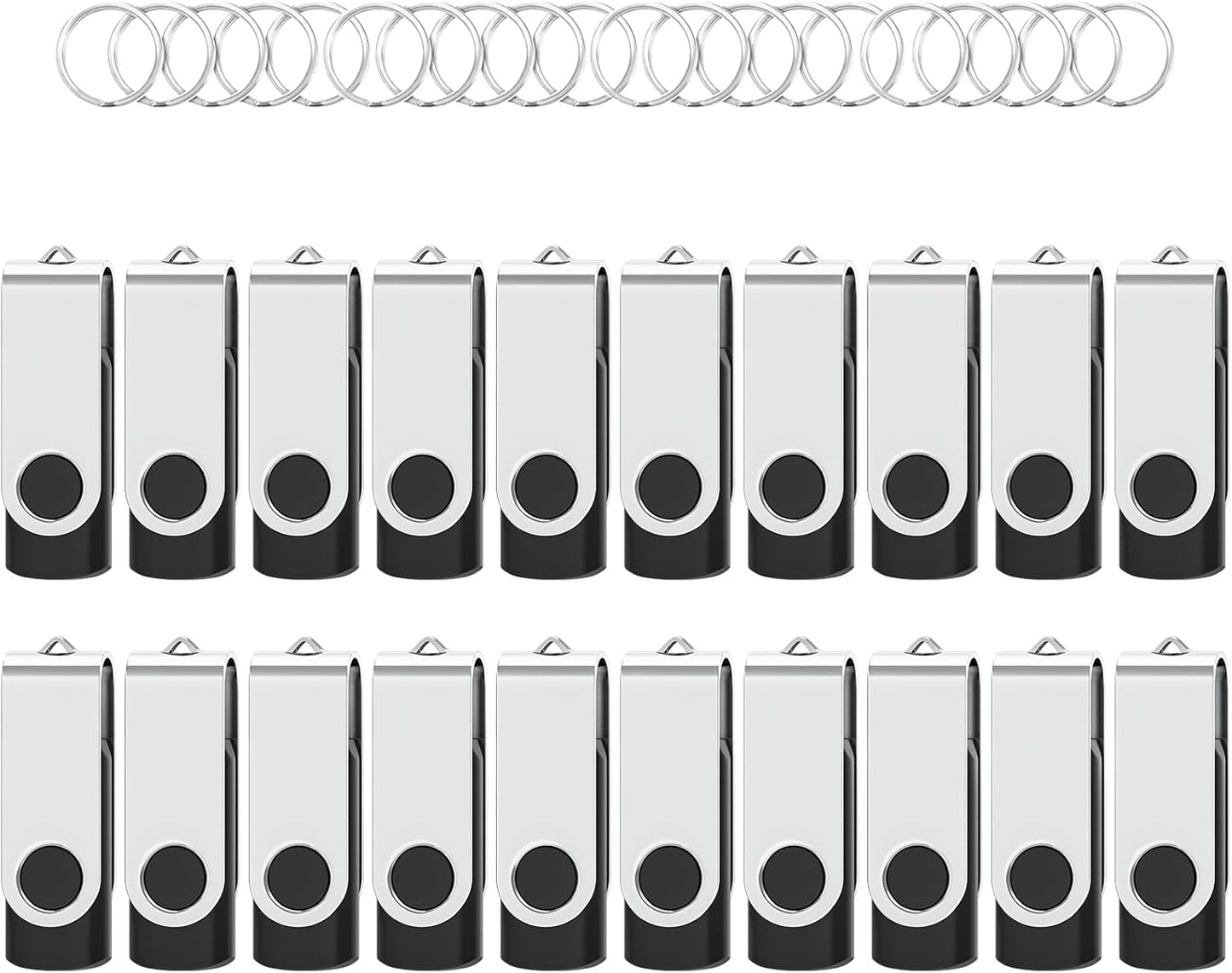 Flash Drives 32GB 20 Pack with Keychains, Wooolken Swivel USB 2.0 Thumb Drives Bulk Jump Drive Memory Stick USB Date Storage (Black)