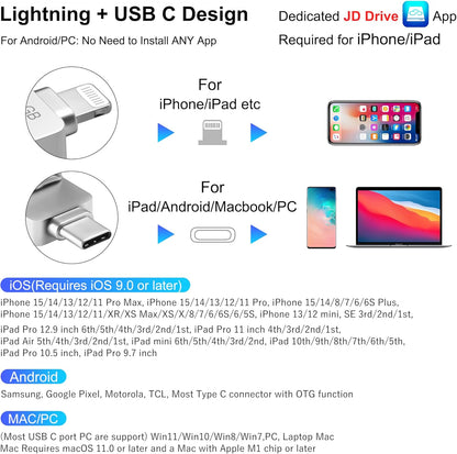 JSL JDTDC Apple MFi Certified 256GB Photo-Storage-Stick-For-iPhone-16-Flash-Drive External-Backup-Storage-iPhone-USB-Drive iPad Lightning USB C Photo-Stick Android Thumb-Drive-for-iPhone-Memory-Stick