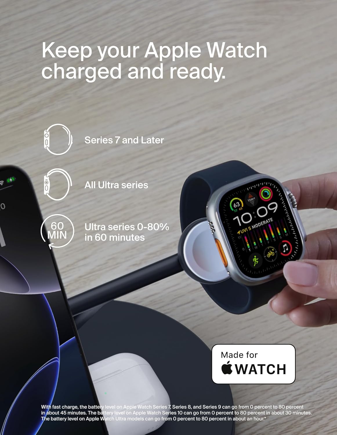 Belkin MagSafe-Compatible Charger, 3-in-1 Wireless Charging Station, Qi2-Certified 15W Wireless Charge for Apple iPhone 17 Series, Apple Watch, AirPods w/Non-Slip Base, 40W Included - Black