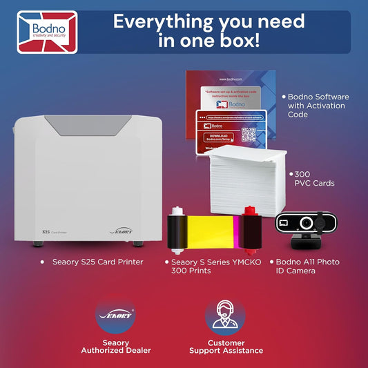 Bodno Seaory S25 Single Sided ID Card Printer & Complete Supplies Package ID Software and Camera - Silver Edition