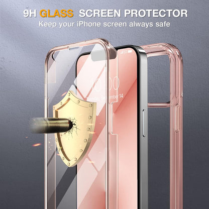 Miracase Glass Case for iPhone 13 Pro Max 6.7 inch, Upgrade Full-Body Clear Bumper Case with Built-in 9H Tempered Glass Screen Protector for iPhone 13 Pro Max, Clear Pink