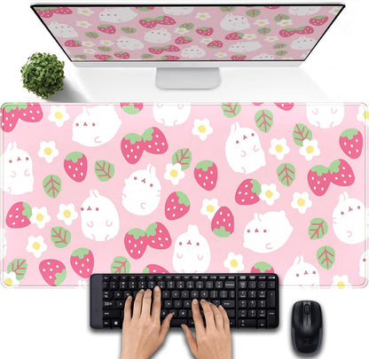 Pink Kawaii Desk Mat, Strawberry Field Desk Pad Large, Extended Mouse Pad Cute, XXL Laptop Computer Keyboard Mat Desktop Mouse Mat, Gaming Computer Pad Women Desk Decor Accessories 31.5"x15.75"