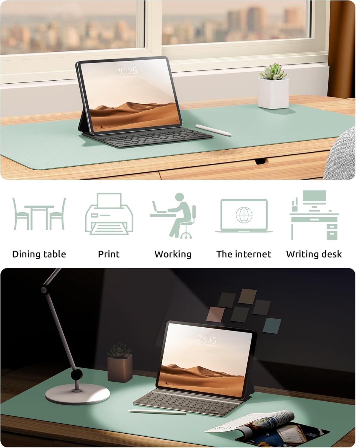 YSAGi Leather Desk Protector, Office Mat, Large Mouse Mat, Non-Slip PU Leather Blotter, Laptop Pad, Waterproof Writing Pad for Office and Home (Pale Green, 23.6" x 13.8")