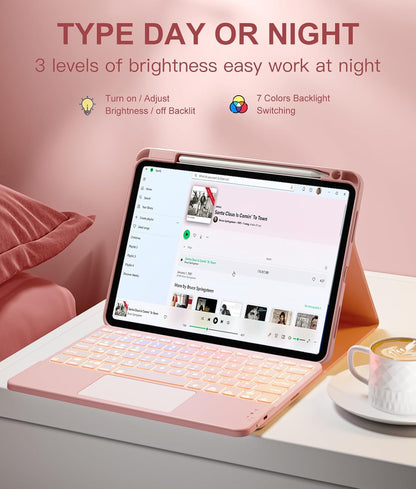 Compatible with iPad Air 11 Inch & Air 5th/ Air 4th Generation Case with Keyboard - Multi-Touch Trackpad, 7-Color Backlit, Detachable Folio Cover for Air 11-inch M3/M2 (2025/2024) (Light Pink)