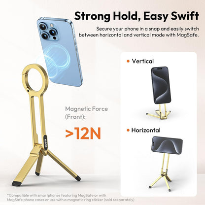 ULANZI MA30 Magnetic Phone Tripod Stand for iPhone - Aluminium Maglock Smartphone Mini Tripod Pocket Cell Phone Stand Strong Magnet Quick Mount Compatible with iPhone 16 15 14 13 12 Series, Gold