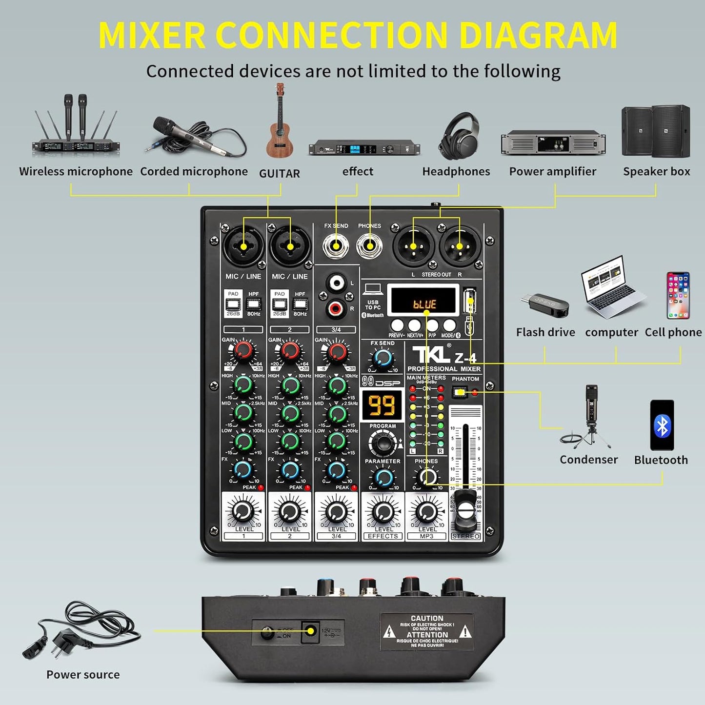 4 Channel Audio Mixer, Professional DJ Mixer Sound Board Mixing Console with 99-Bit DSP Effect, Bluetooth USB Interface Stereo Mixer Board with 48V Phantom Power For Recording Live Stream