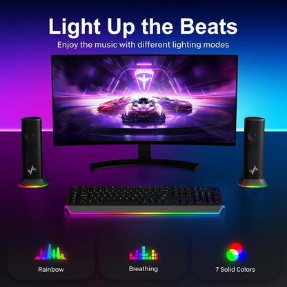 Nylavee Computer Speakers – Hi-Fi Stereo PC Speakers with 9 LED Lighting Modes, Enhanced Bass and Sound, USB/Type-C Powered and 3.5mm Audio Wired Desktop Speakers for PC, Laptop, Monitor, PS5, Xbox