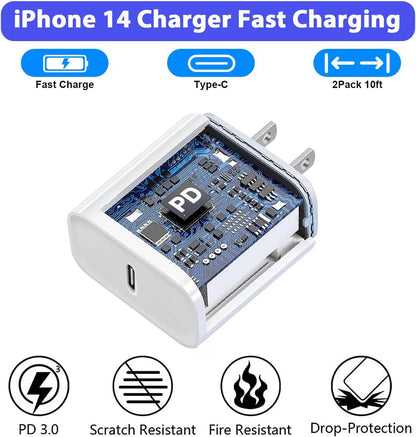 10FT iPhone Fast Charger,2Pack[Apple MFi Certified]iPhone Fast Charging USB C Blocks Wall Charger PD Adapter with Long 10 Foot USB C to Lightning Cable for i Phone14/13/12/11Pro Max/XS/SE/AirPods,iPad