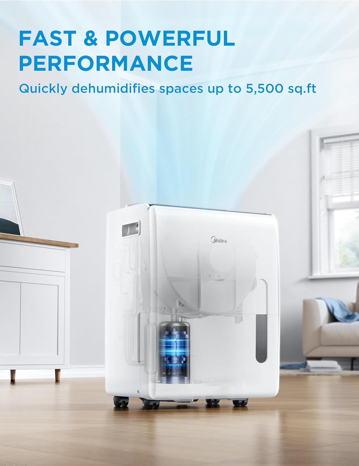 Midea 5,500 Sq. Ft Dehumidifier for Basement, 60 Pint dehumidifier with pump, APP & Alexa Smart Control, 2.64 Gallon Water Tank, Intelligent Humidity Control, Ideal for Home, Basement, Garage