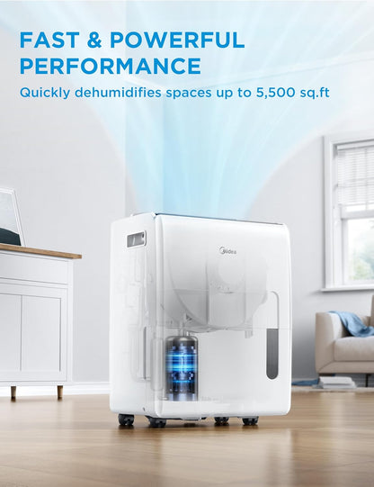 Midea 5,500 Sq. Ft Dehumidifier for Basement, 60 Pint dehumidifier with pump, APP & Alexa Smart Control, 2.64 Gallon Water Tank, Intelligent Humidity Control, Ideal for Home, Basement, Garage