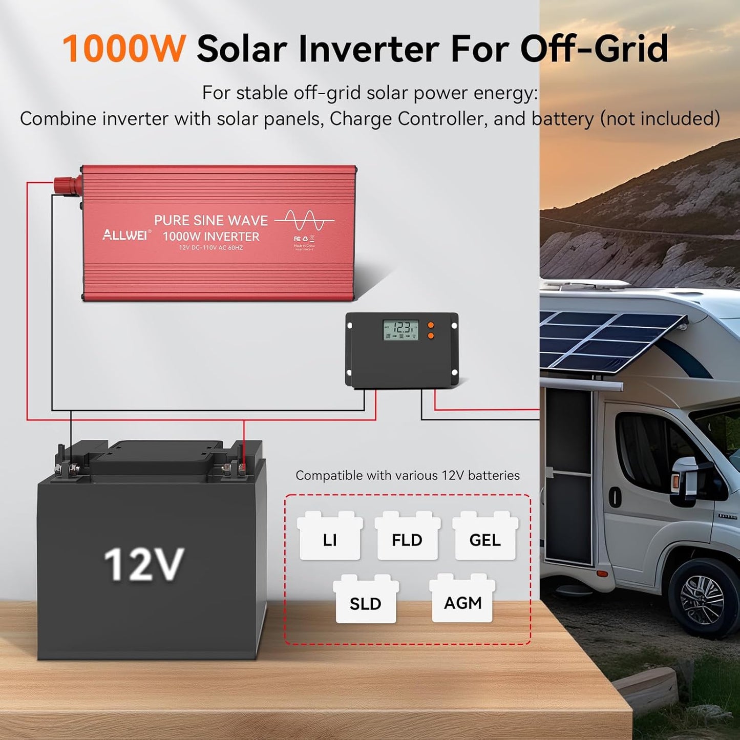 ALLWEI Pure Sine Wave Inverter - 1000 Watt Inverters 12V DC to 110V/120V AC Converter for Home, RV, Truck, Off-Grid Solar, Car Power Inverter with 2 Sockets, Power Inverters for Vehicles, 2000W Peak