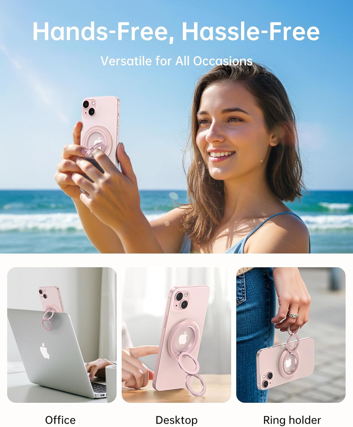 SYNCWIRE Magnetic Phone Ring Holder for MagSafe, 360° Rotation Dual Sided Magnet Grip Cell Phone Ring Stand Finger Kickstand Compatible with iPhone 16 15 14 13 12 Pro Max fits MagSafe - Pink