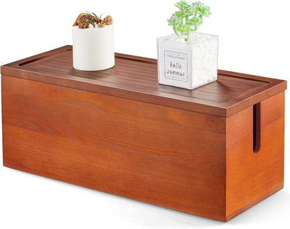 Large Cable Management Box, Wooden Cord Organizer Box for Desk, Floor, Office to Hide Extension Cords Power Stripes Surge Protectors Chargers Wires, Red Brown