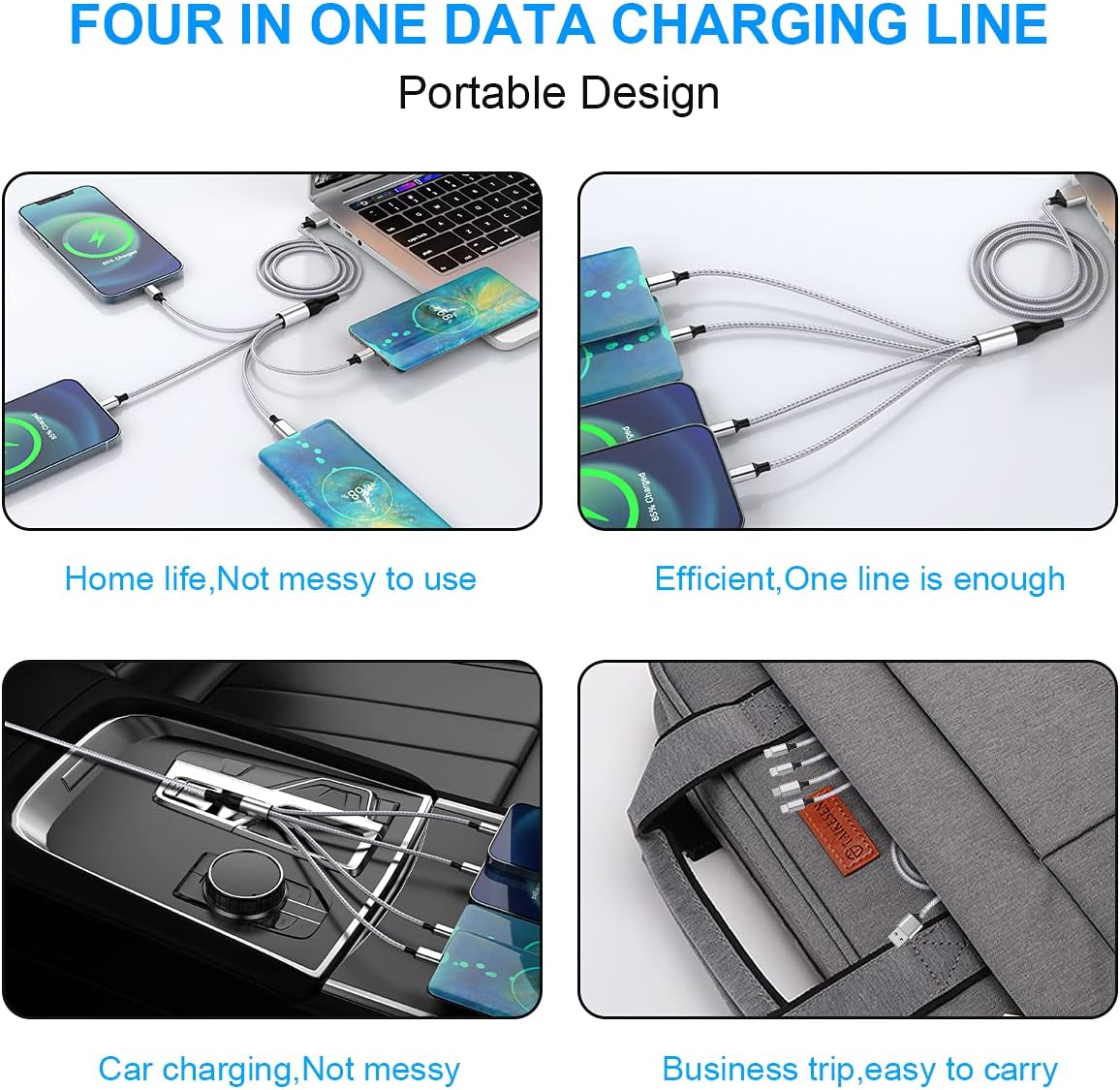 iPhone Charging Cable 1.8M/6Ft Multi 4 in 1 USB Universal Fast Charging Cord Multi Charging Cable Lightningx2+Type C+Micro USB Port Connectors Adapter for Android/Apple/iOS/Samsung/LG/Huawei/XiaoMi