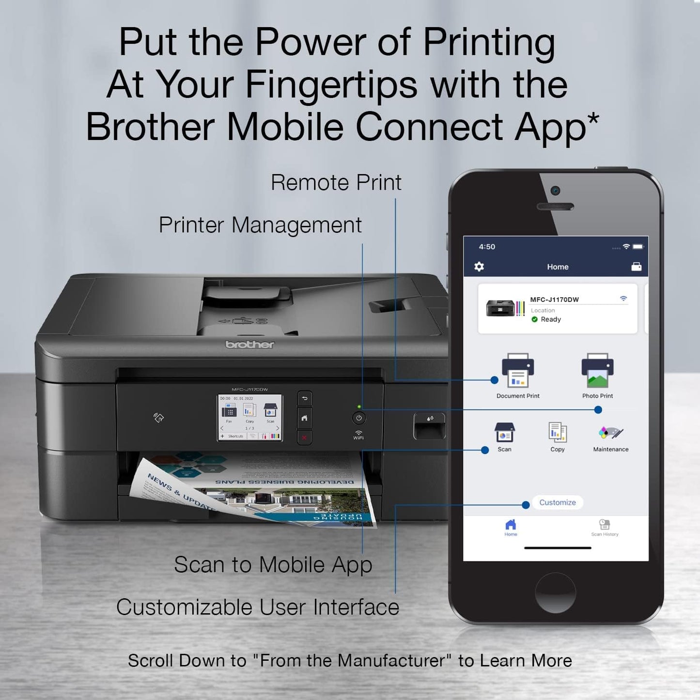 Brother MFC-J1170DW Wireless Color Inkjet All-in-One Printer, NFC One-Touch Print, Duplex, Cloud Print & Scan, Mobile App Control, 2.7" Touchscreen, Works with Alexa