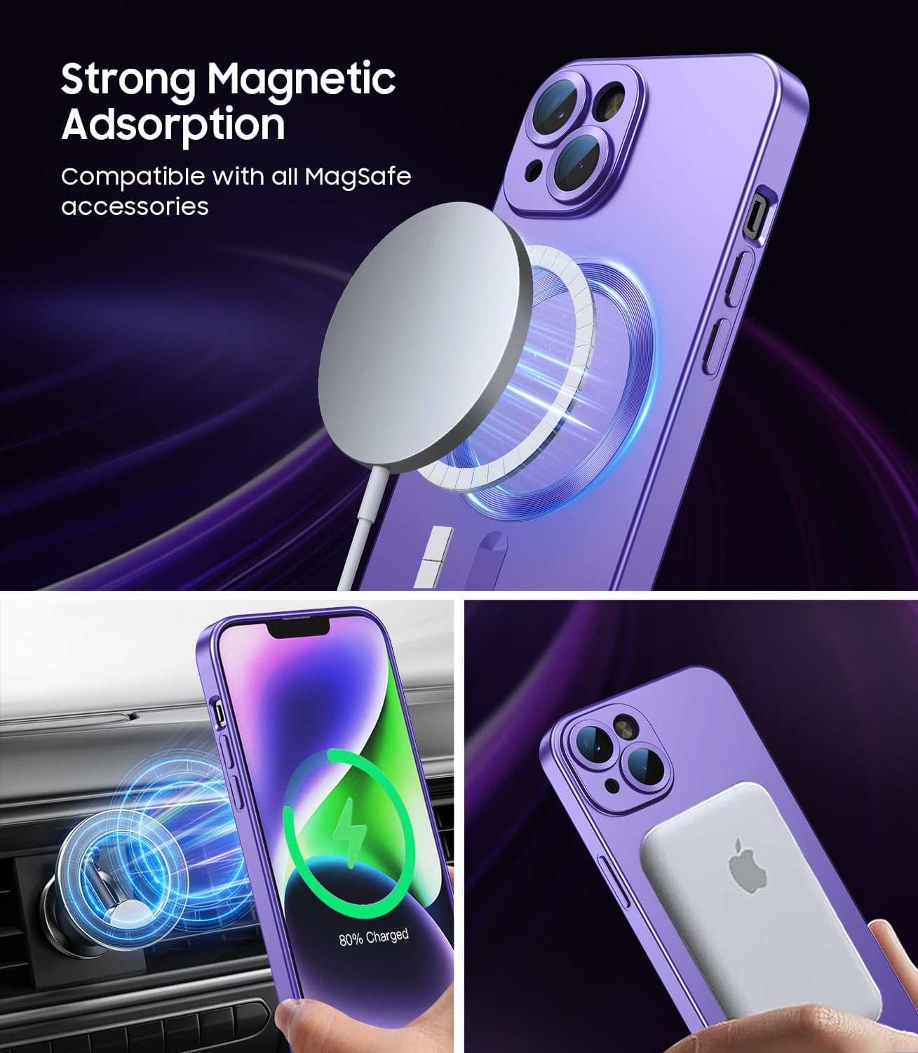 Magnetic for iPhone 14 Case [Compatible with MagSafe][Built-in Camera Lens Protector] Slim Soft Silicone Bumper Shockproof Metallic Luster Phone Case (Purple)