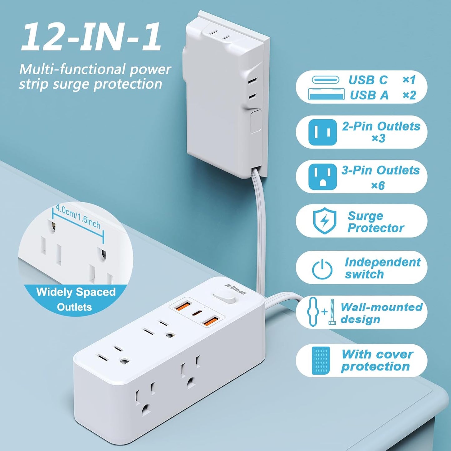 Power Strip Surge Protector with Flat Extension Cord Outlet Cover 6 AC Outlets(3 Wall Outlets Extender) 3 USB Ports (2USB C), 1050 Joules, Multi Plug for Home Office College Dorm Room Essential