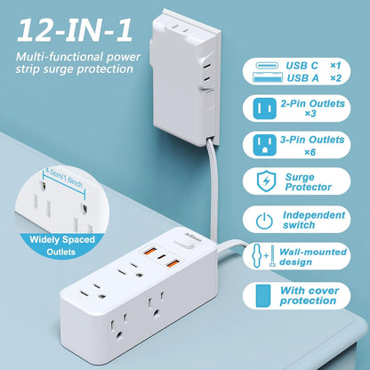 Power Strip Surge Protector with Flat Extension Cord Outlet Cover 6 AC Outlets(3 Wall Outlets Extender) 3 USB Ports (2USB C), 1050 Joules, Multi Plug for Home Office College Dorm Room Essential