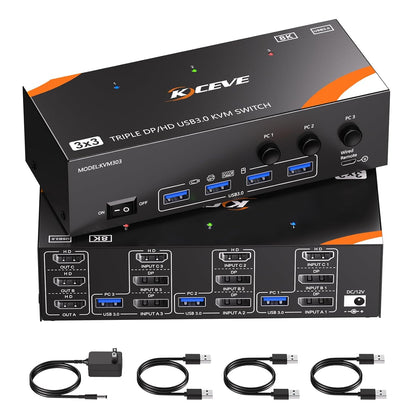 KVM Switch 3 Monitors 3 Computers 8K@60Hz/4K@120Hz, HDMI DP KVM Switches for 3 PC Sharing Triple Monitor and Keyboard Mouse with Power Adapter, Wired Extend Controller and USB3.0 Cables
