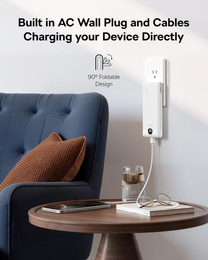 VEGER Travel Essential AC Wall Plug Portable Charger, 10000mah Slim Portable Charger Built in Cables, USB C Power Bank 15W Fast Charging, Battery Pack Compatible with iPhone, Android and More(Blue)