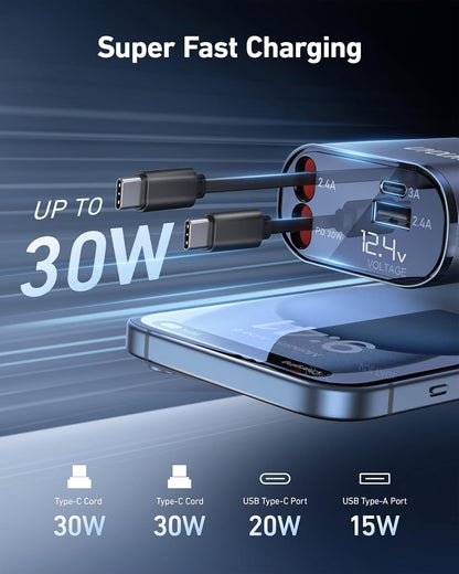 Retractable 4 in 1 Fast Car Charger - 30W Dual USB Type C, 31.5 Inch Cables - Compatible with iPhone 16/15/14/13/12, Samsung, Pixel, iPad