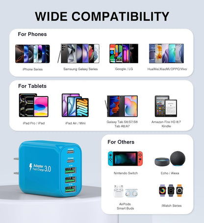 2-Pack USB C Wall Charger Block,50W 5-Port C Charger Fast Charging Block PD Power Adapter +QC 3.0 Multiport Type C Box Charger Cube USB A Wall Plug for iPhone 16/15/14/13 Pro Max,Samsung Galaxy(Blue)