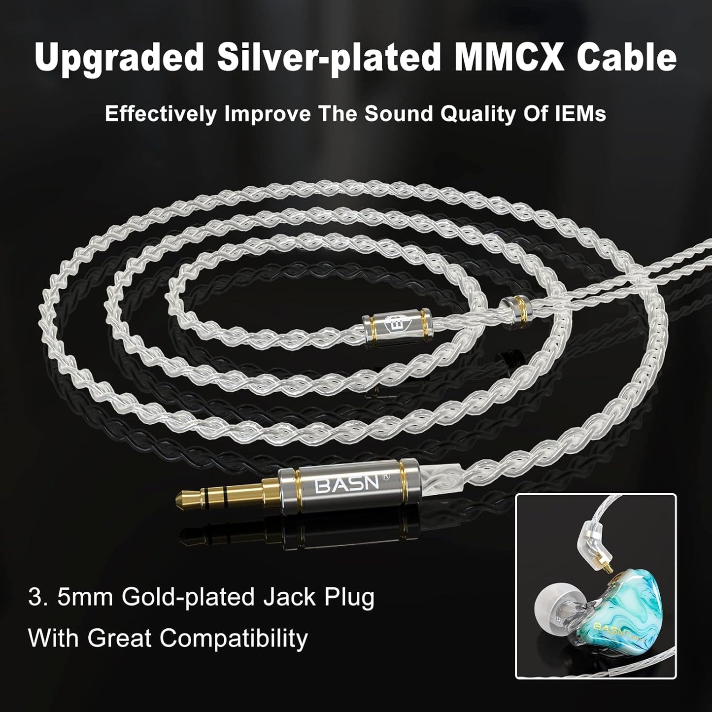 BASN MMCX in Ear Monitor Headphones,Triple Driver IEM in-Ear Earphone for Musician Drummer, Noise-Isolation HiFi Stereo Earbuds with Two Detachable Cables(Bluish White)