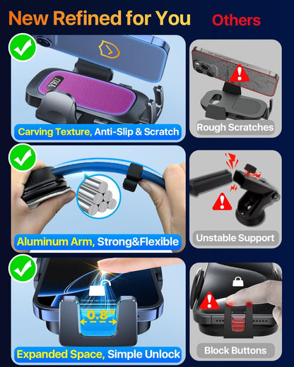 YRU [2025 Ultimate Car Phone Holder Mount [Bendable & Adjustable Aluminum Arm] Cell Phone Holder for Car Dashboard Windshield Phone Stand for iPhone 16 15 14 13 Pro Max Samsung Pickup Truck, Rose Red