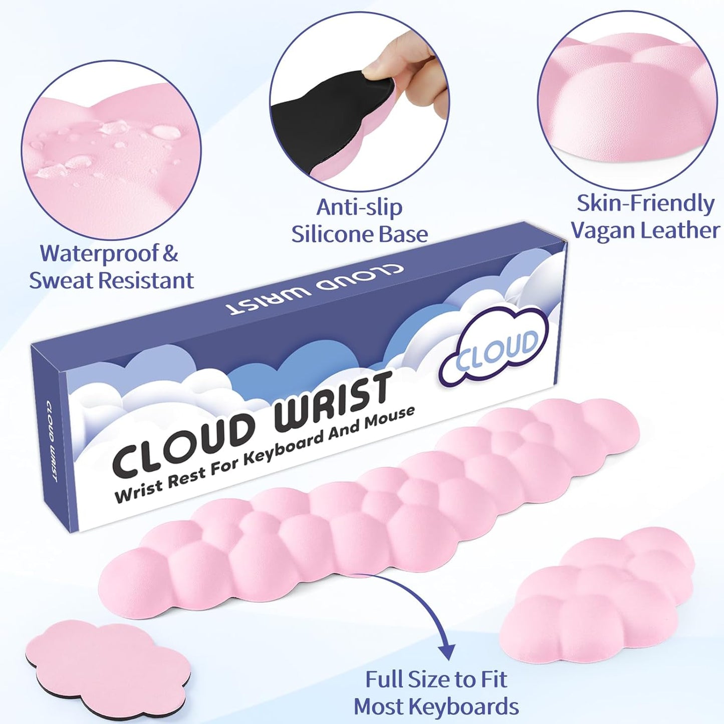 Cloud Wrist Rest for Keyboard and Mouse, Memory Foam PU Leather Keyboard Wrist Rest with Ergonomic Support, Non-Slip Base, Cute Arm Rest Pad & Palm Cushion, Office Desk Accessory, Pink