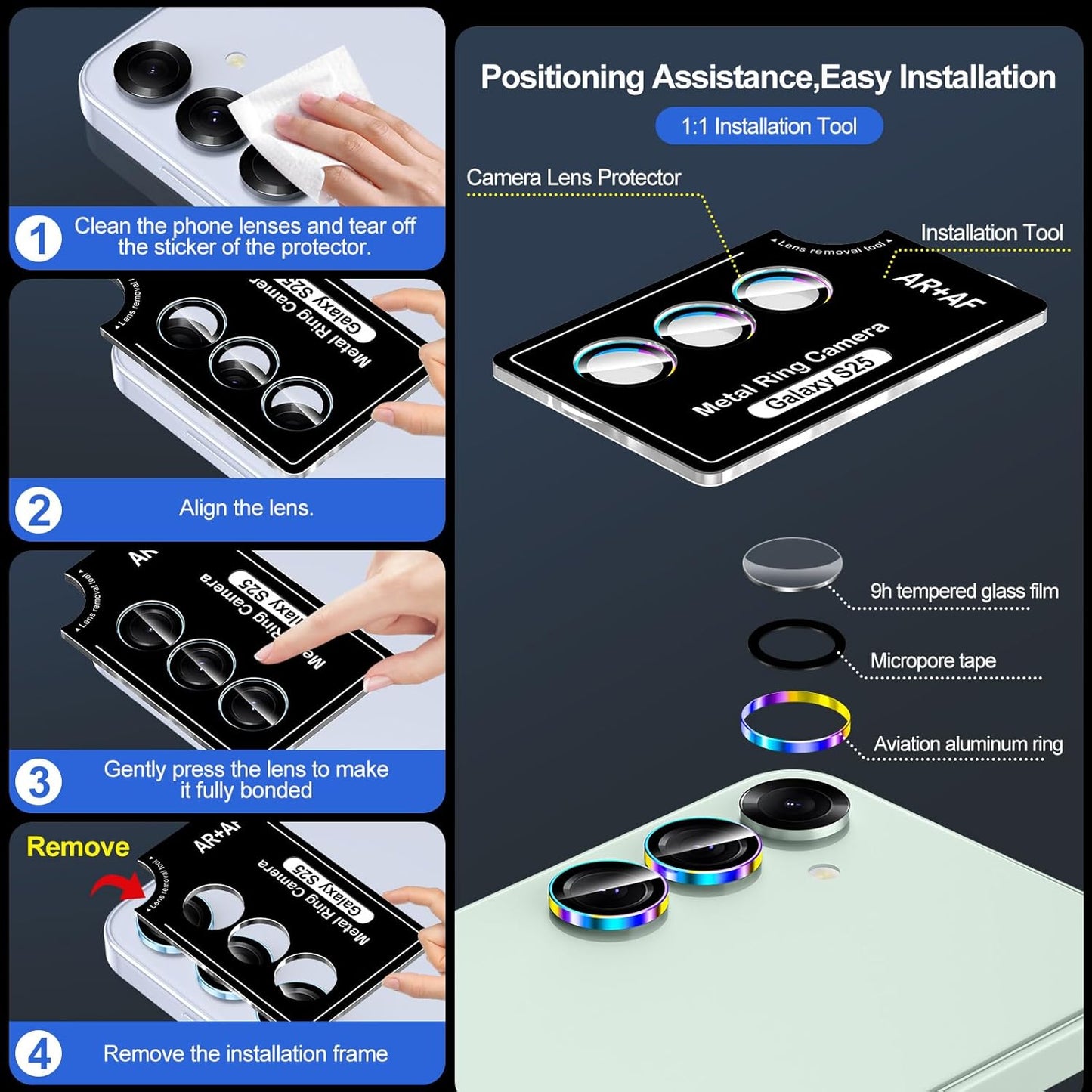for Samsung Galaxy S25 Camera Lens Protector, Individual Metal Ring Tempered Glass Lens Cover, [Strong Adsorption] Scratch Resistant Ultra-Thin HD Clear Lens Cover, 1 Set-Colorful Ring
