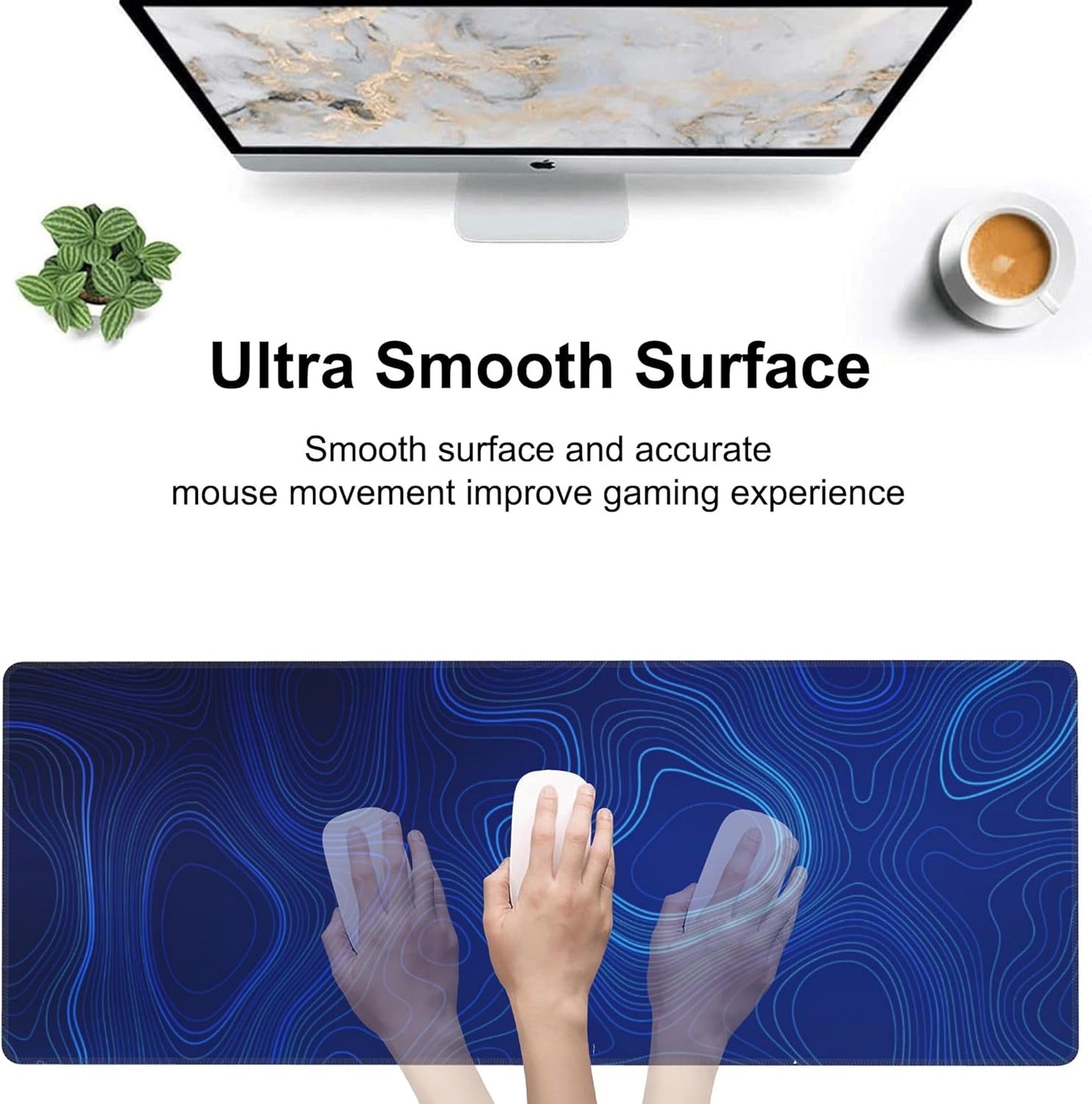 Abstract Topography Design Desk Mat,Large Dark Blue Topographic Line Art Gaming Keyboard Mouse Pad,Non-Slip Rubber Base Desk Pad Thick Stitched Edges Waterproof Mousepad Mouse Mat 31.5"x11.8"