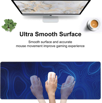 Abstract Topography Design Desk Mat,Large Dark Blue Topographic Line Art Gaming Keyboard Mouse Pad,Non-Slip Rubber Base Desk Pad Thick Stitched Edges Waterproof Mousepad Mouse Mat 31.5"x11.8"