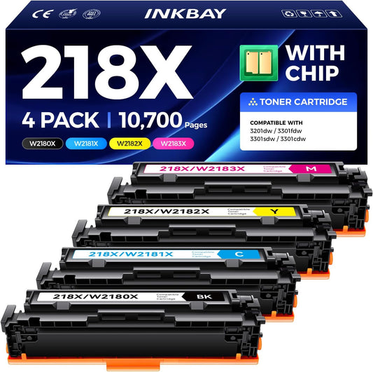 218X Toner Cartridge (with Chip) High Yield 4 Pack Replacement for HP 218X W2180X 218A W2180A Works with HP Color Laserjet Pro 3201dw MFP 3301fdw 3301sdw 3301cdw Printer Ink Black Cyan Yellow Magenta