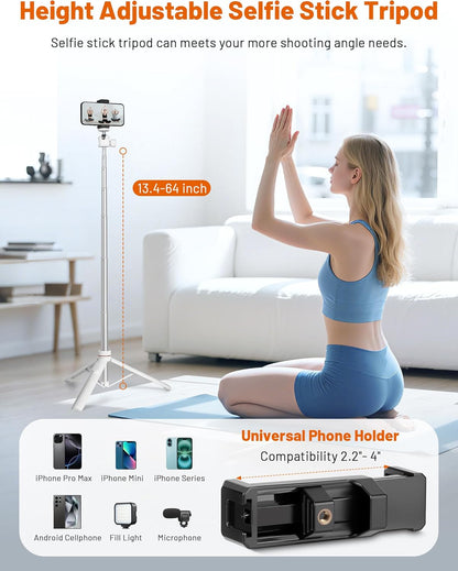 JOILCAN Tripod for iPhone & Camera, 64" Selfie Stick with 360° Ball Head Remote & Phone Holder, Extendable Portable Phone Tripod Stand for Travel Vlog Compatible with Canon Sony DLSR DJI (White)