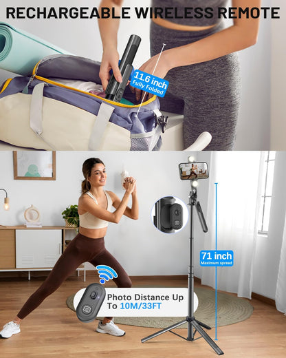 Vlogging Kit for iPhone/Android, 71" Selfie Stick Tripod for iPhone with Light, Wireless Remote & Microphone, Adjustable Phone Tripod for TikTok/YouTube Starter Content Creator Essentials Kit
