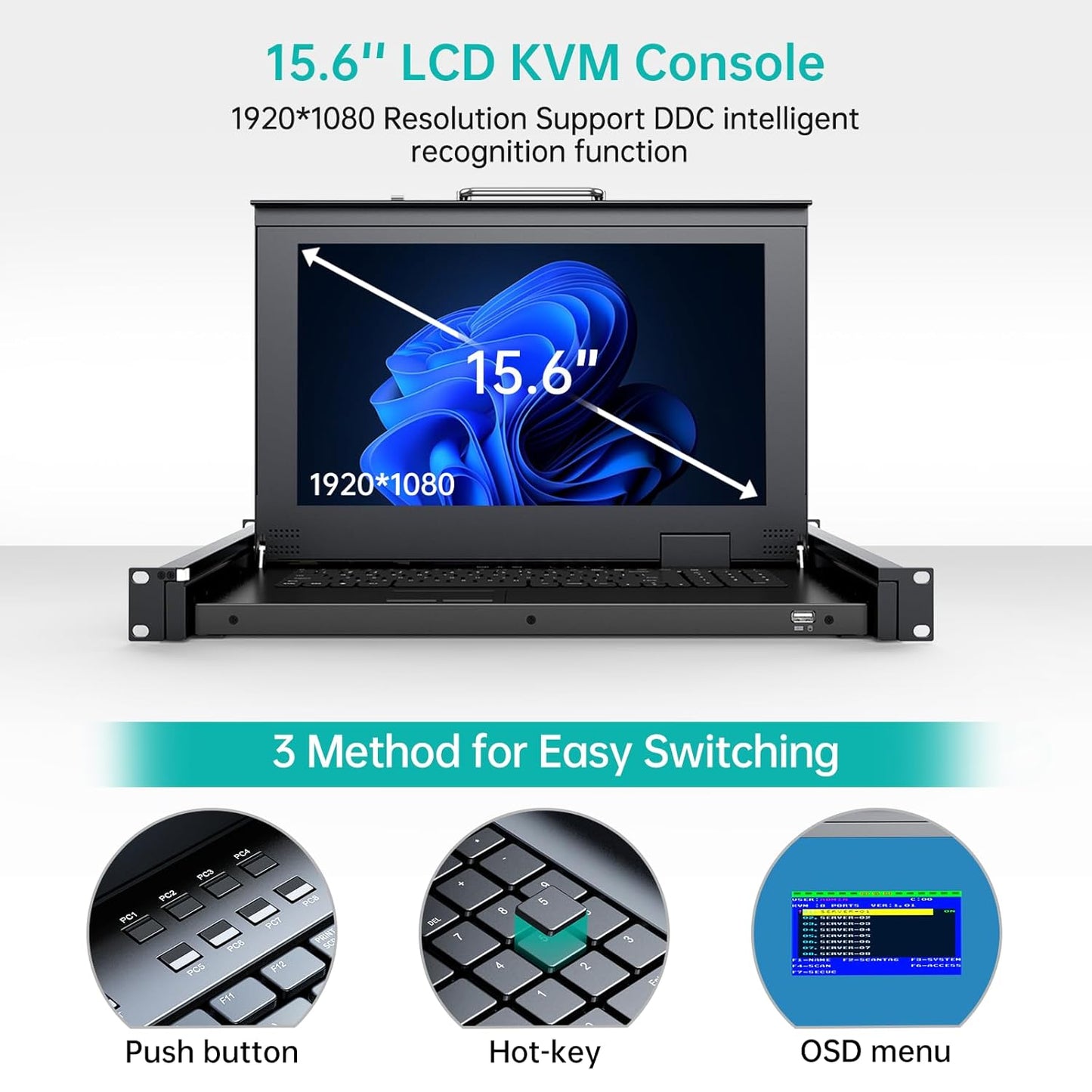 MT-VIKI Rack Mount KVM, 8 Port KVM VGA Switch w/15.6'' LCD Monitor, 1080P, Mount into 23.6-31.5'' deep Server Cabinet, Integrated Touchpad+Keyboard+8 KVM Cables