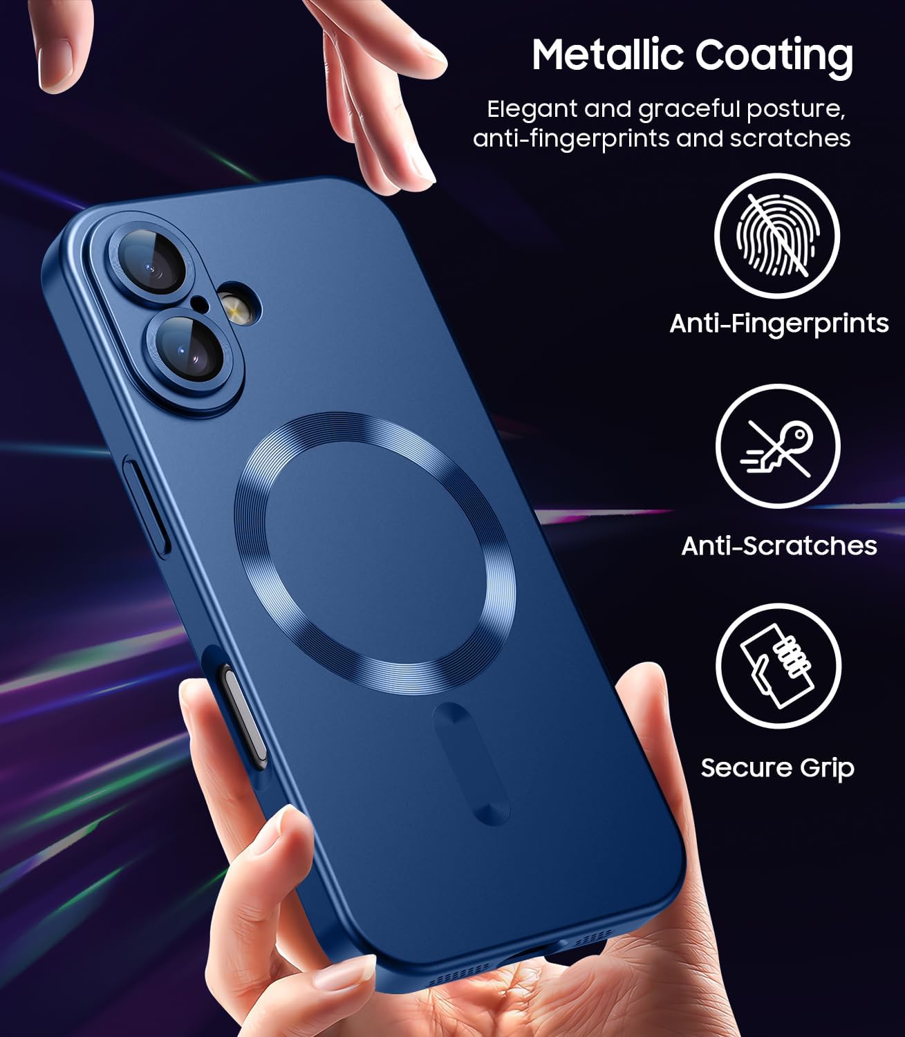 Magnetic for iPhone 16 Plus Case [Compatible with MagSafe][Built-in Camera Lens Protector] Slim Soft Silicone Bumper Shockproof Metallic Luster Phone Case (Blue)