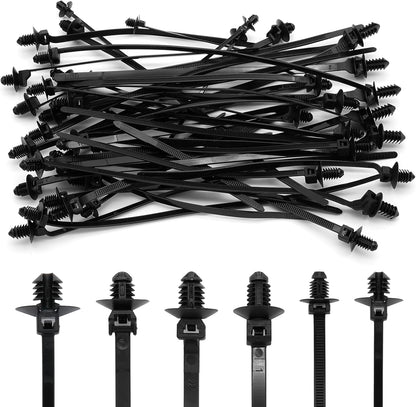 60 Pcs Push Mount Cable Ties Assorted Sizes, Black Nylon Push Mount Zip Ties Wire Harness Clips, 6-Types Snap in Zip Ties Self Locking Automotive Wire Ties for Wire Tying, Automotive