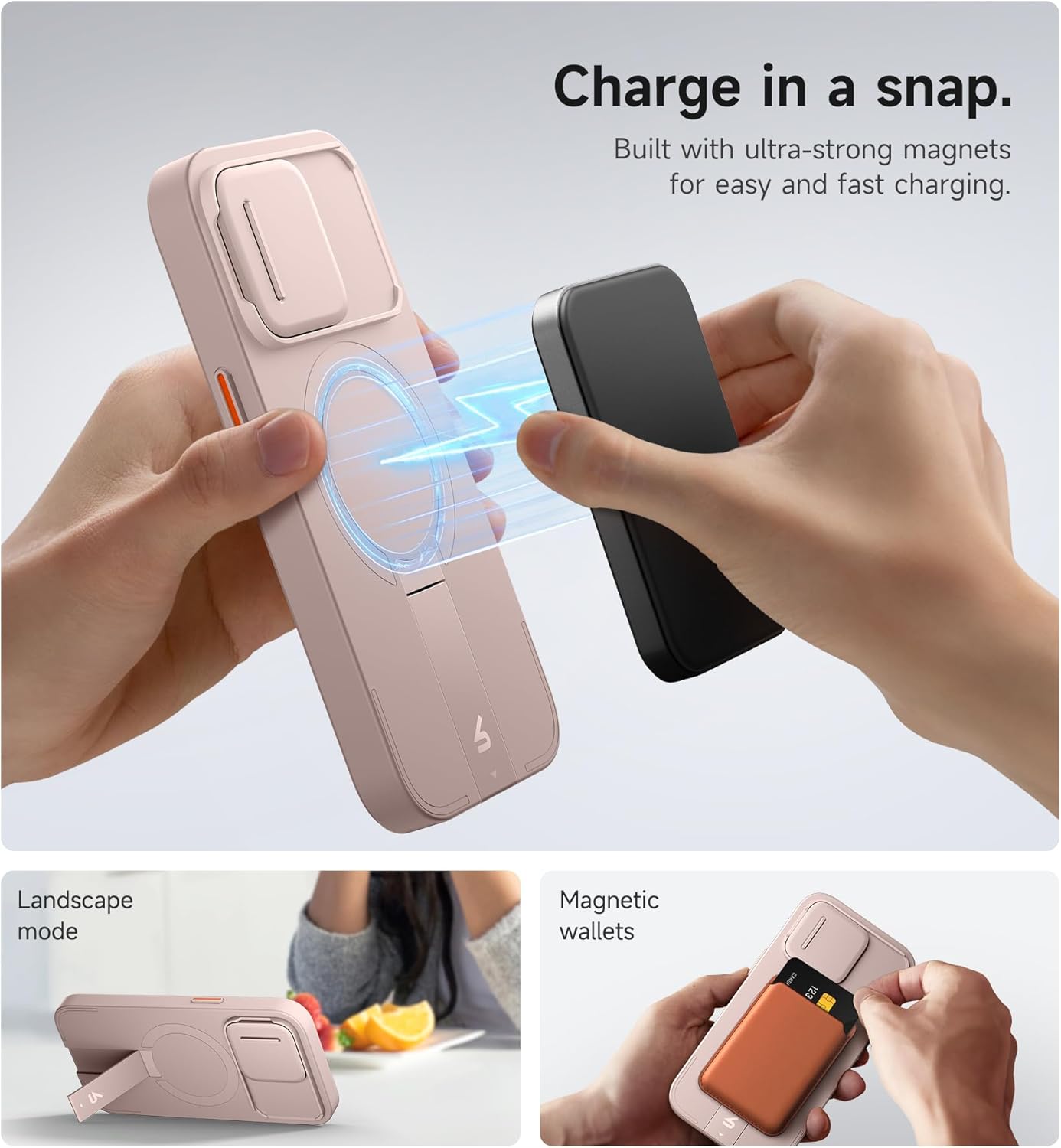 SURITCH for iPhone 13 Pro Case with Magnetic Camera Slide Cover and Adjustable Kickstand, Compatible with MagSafe, Shockproof Bumper Case Slim Protective Cover for iPhone 13 Pro 6.1 Inch, Pink