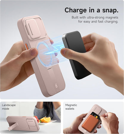 SURITCH for iPhone 13 Pro Case with Magnetic Camera Slide Cover and Adjustable Kickstand, Compatible with MagSafe, Shockproof Bumper Case Slim Protective Cover for iPhone 13 Pro 6.1 Inch, Pink