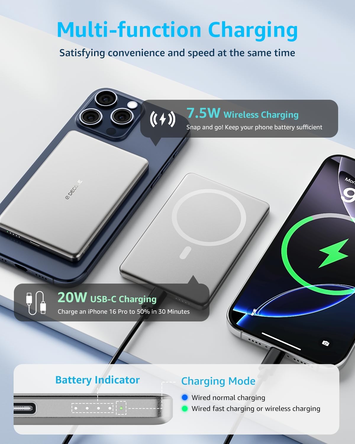 “Air” Power Bank for MagSafe 5000mAh, Ultra Slim Magnetic Wireless Portable Battery Charger Case with USB-C Cable, Compatible with iPhone 17/16/15/14/13/12 Series Only (Sliver)