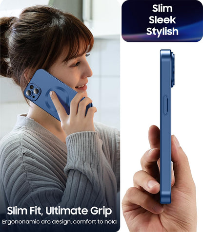 Magnetic for iPhone 14 Case [Compatible with MagSafe][Built-in Camera Lens Protector] Slim Soft Silicone Bumper Shockproof Metallic Luster Phone Case (Blue)