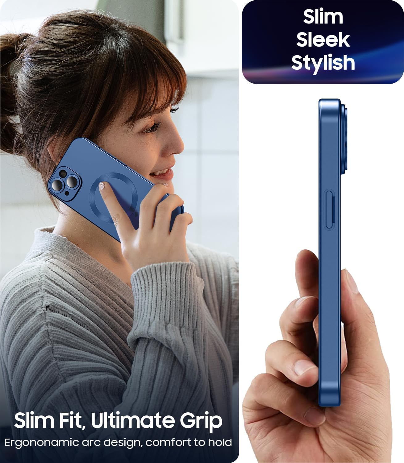 Magnetic for iPhone 15 Case [Compatible with MagSafe][Built-in Camera Lens Protector] Slim Soft Silicone Bumper Shockproof Metallic Shine Phone Case (Blue)